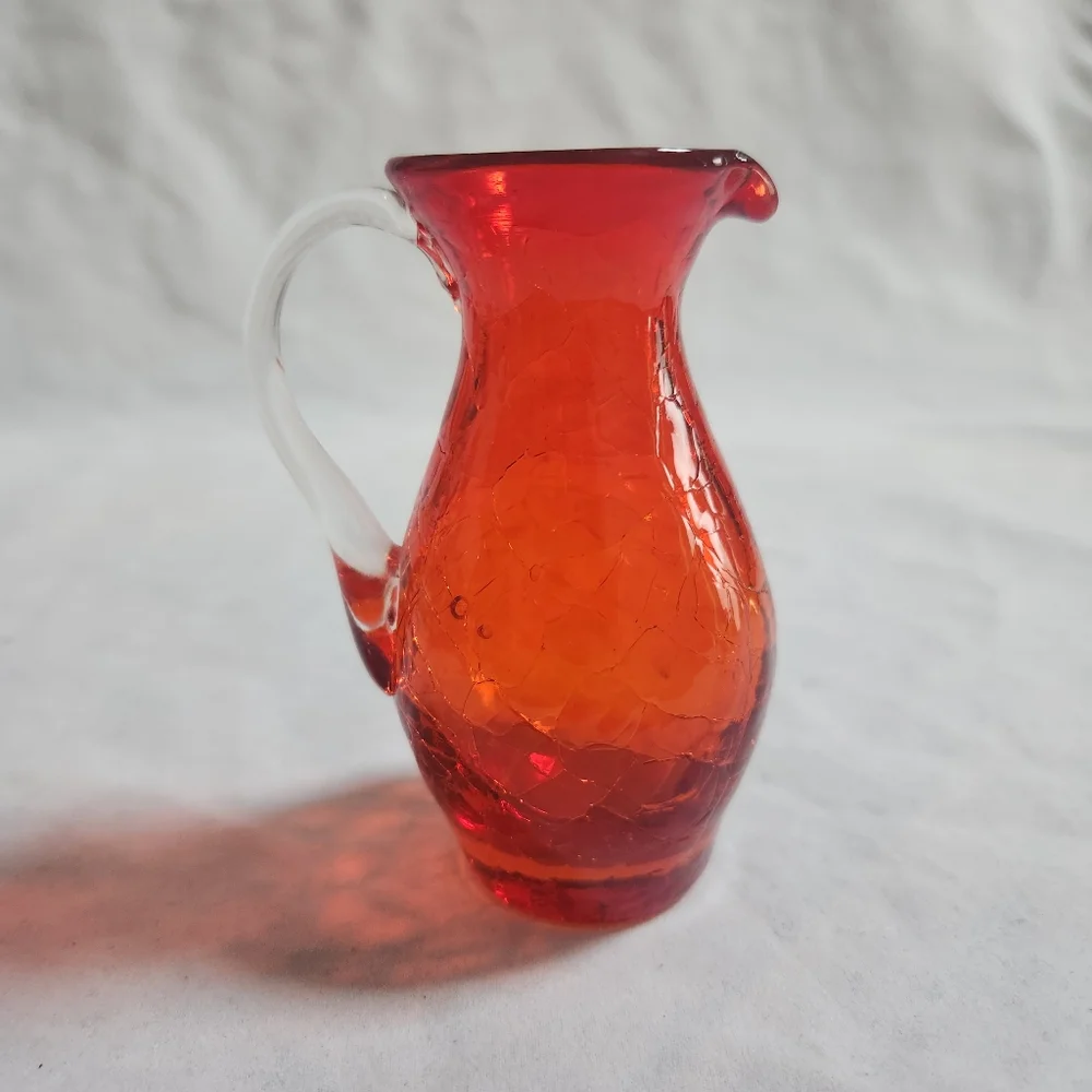 Vintage Red Orange Crackle Blown Art Glass Creamer